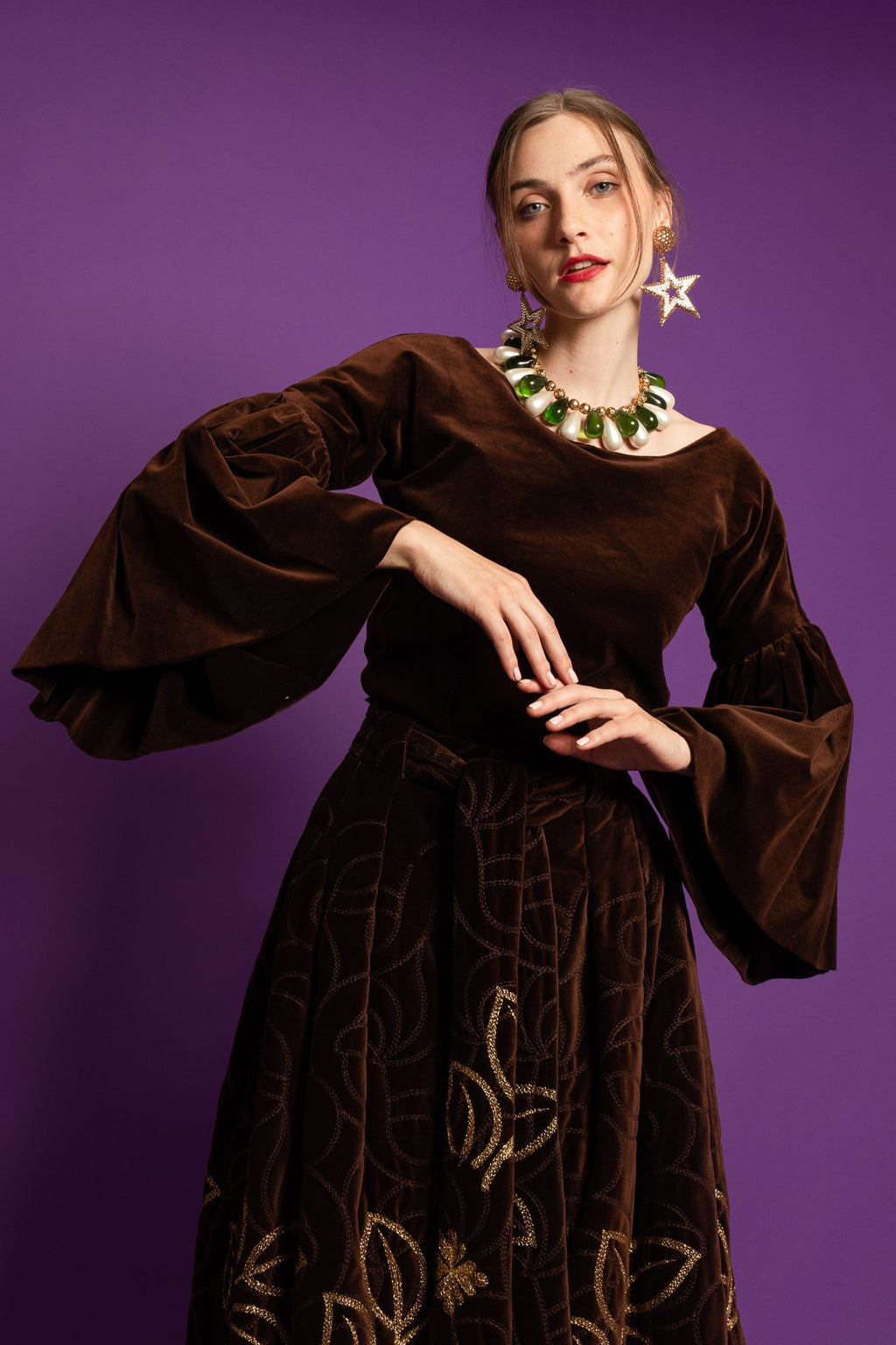 Ava Women's Formal Dress | Velvet Top & Skirt Set, Embroidered Design - 4