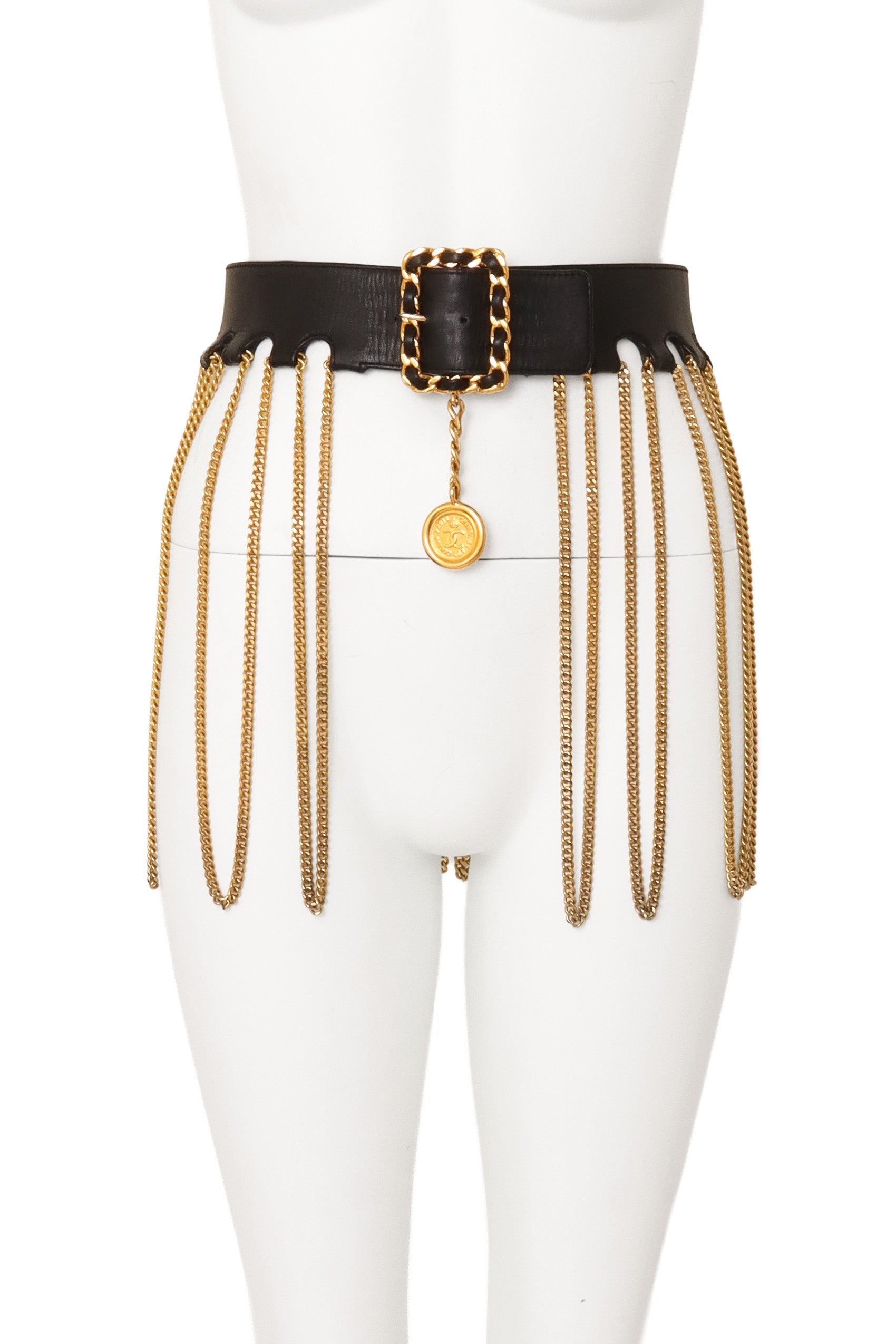 Bella Women's Belt | Black Leather with Gold Chain Fringe - 3