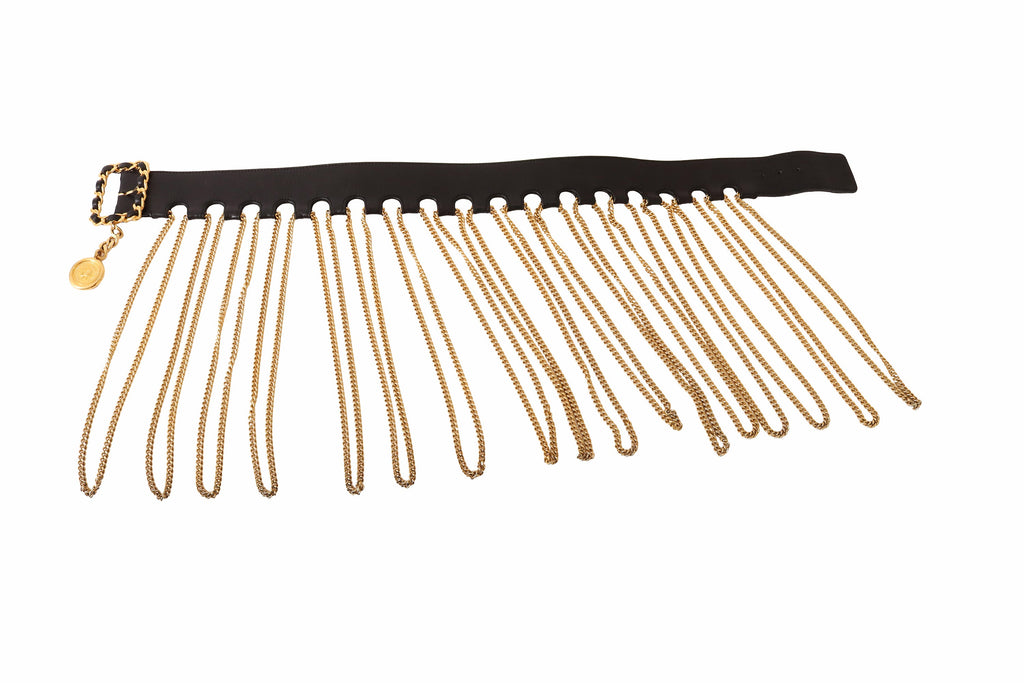 Bella Women's Belt | Black Leather with Gold Chain Fringe - 5