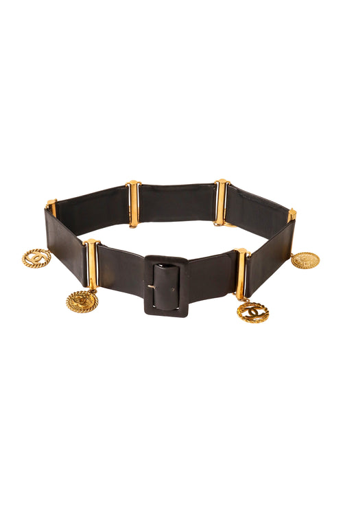 Bella Women's Black Leather Belt | Vintage Charm Design with Medallion Charms - 1