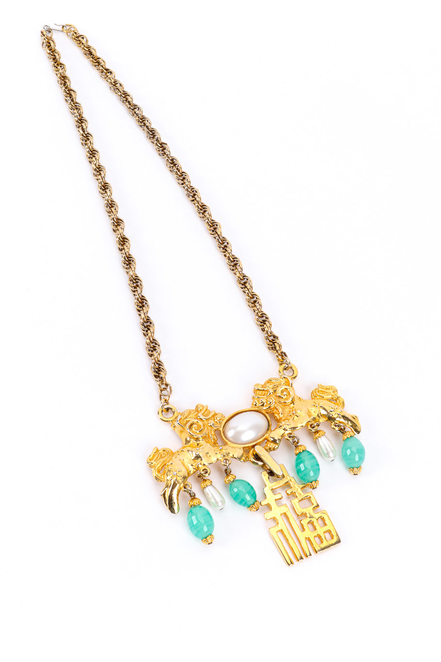 Fiona Women's Necklace | Gold Tone with Faux Pearls & Foo Dog Pendant - 1