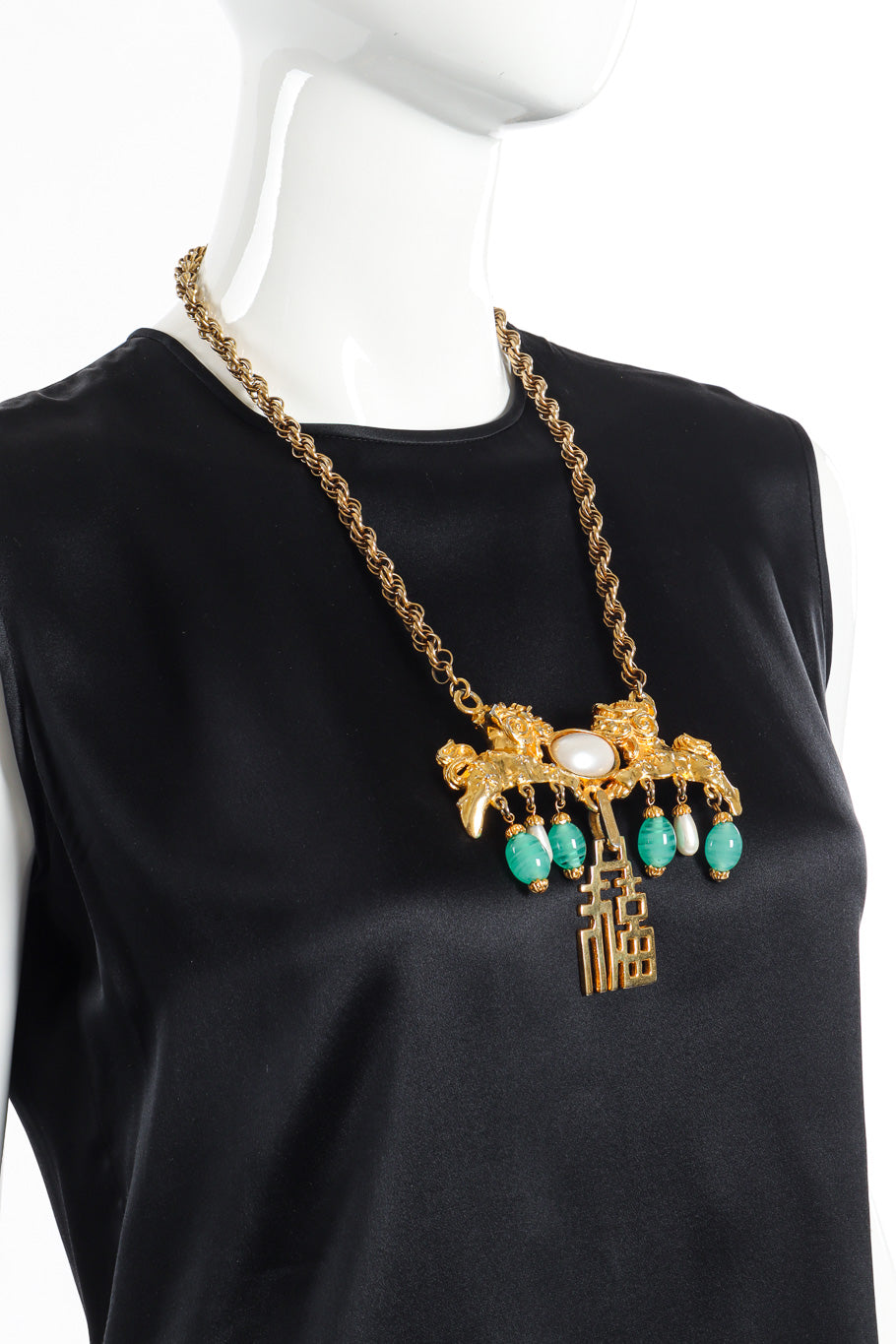Fiona Women's Necklace | Gold Tone with Faux Pearls & Foo Dog Pendant - 2