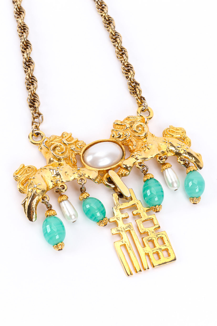 Fiona Women's Necklace | Gold Tone with Faux Pearls & Foo Dog Pendant - 3