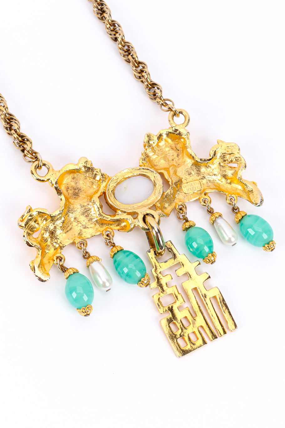 Fiona Women's Necklace | Gold Tone with Faux Pearls & Foo Dog Pendant - 5