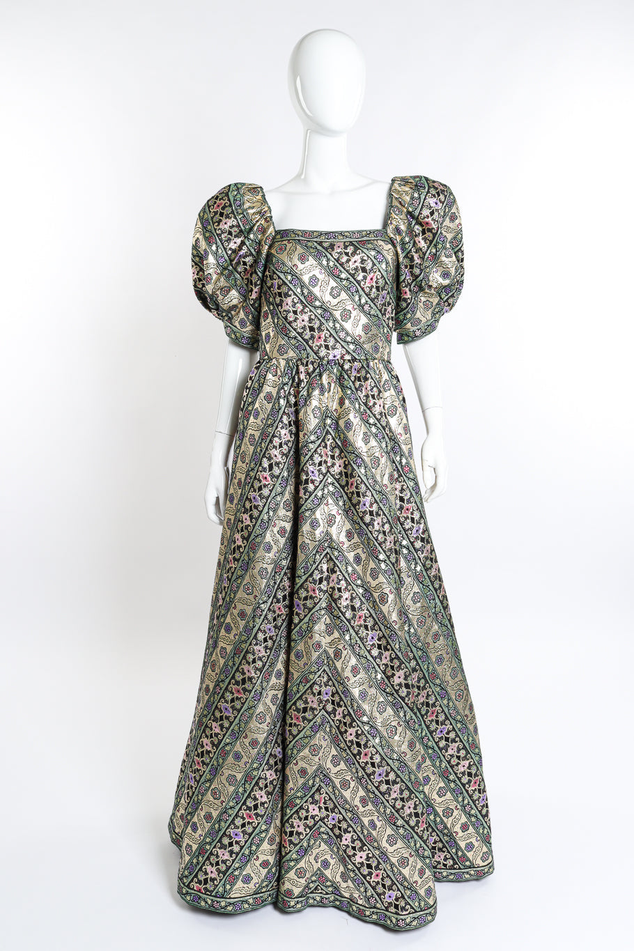 Luna Women's Formal Dress | Floral Brocade with Puff Sleeves - 1