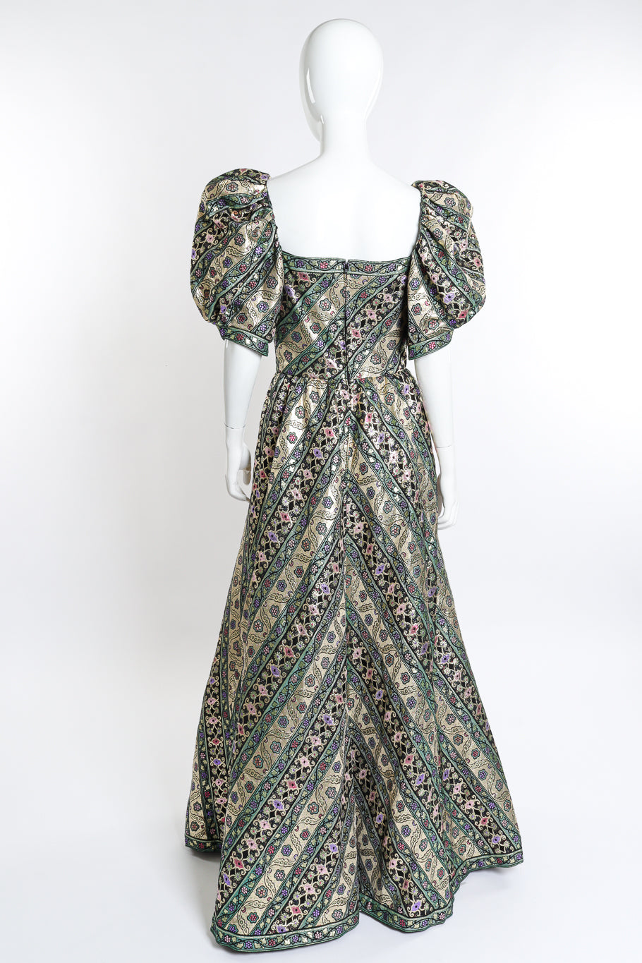 Luna Women's Formal Dress | Floral Brocade with Puff Sleeves - 4
