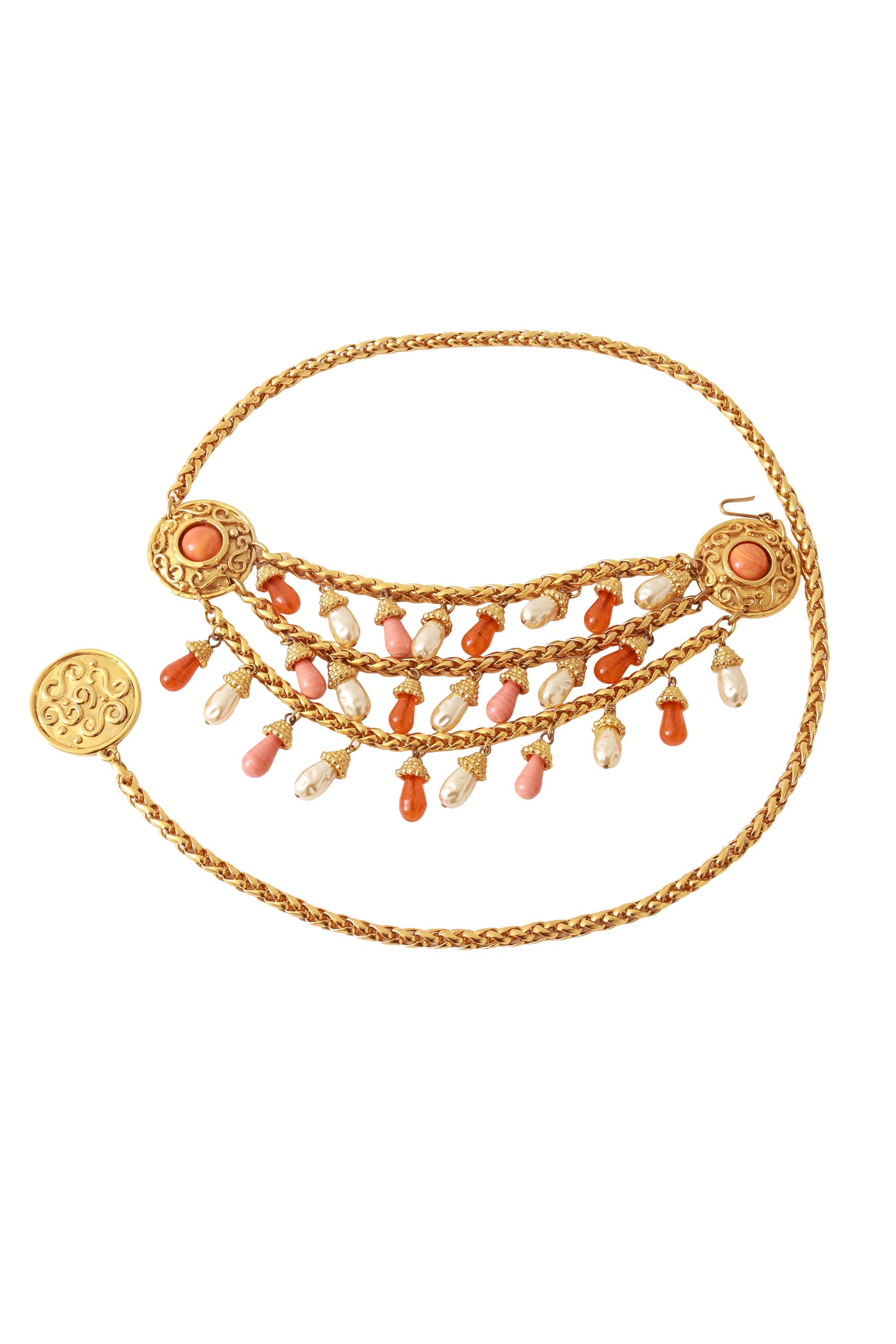 Perry Women's Chain Belt | Gold Tone with Coral & Pearl Accents - 1