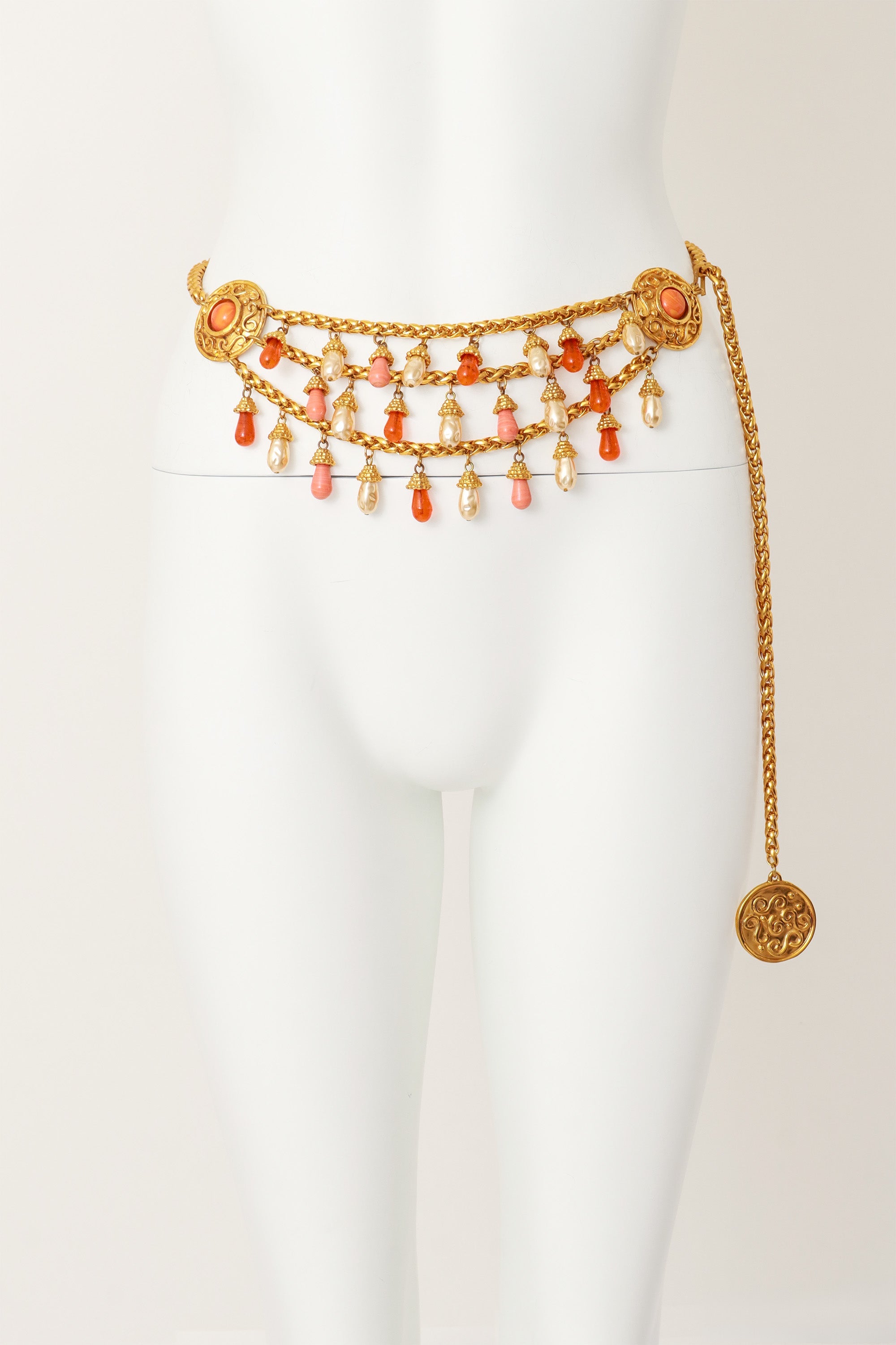 Perry Women's Chain Belt | Gold Tone with Coral & Pearl Accents - 2