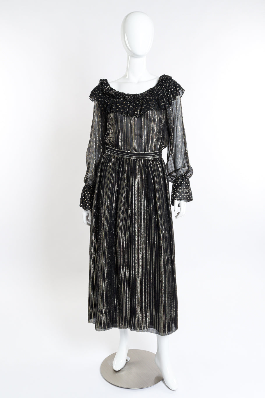 Rina Women's Skirt Set | Metallic Ruffled Design, Midi Length, Black and Gold Stripes - 1