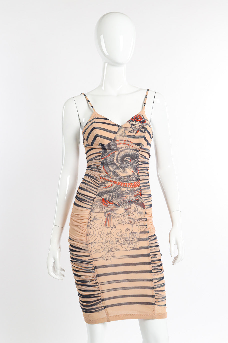 Soleil Women's Bodycon Dress | Vintage Tattoo Print, Ruched Design - 1