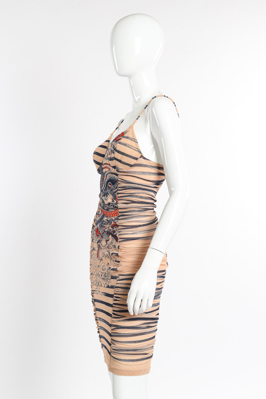 Soleil Women's Bodycon Dress | Vintage Tattoo Print, Ruched Design - 2