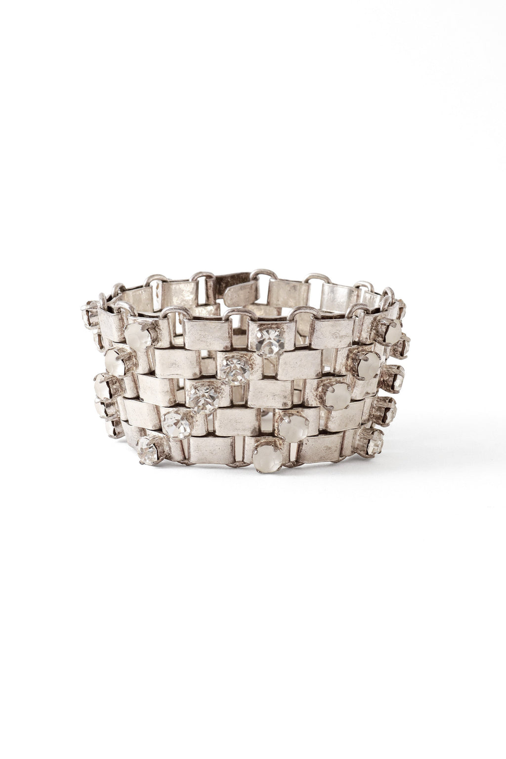 Woven Link Rhinestone Bracelet | Vintage Metal Cuff, Chainmail Design - 1
